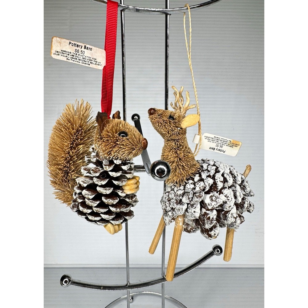 2 Pottery Barn Bottle Brush Pine Cone Reindeer & Squirrel Christmas Ornaments